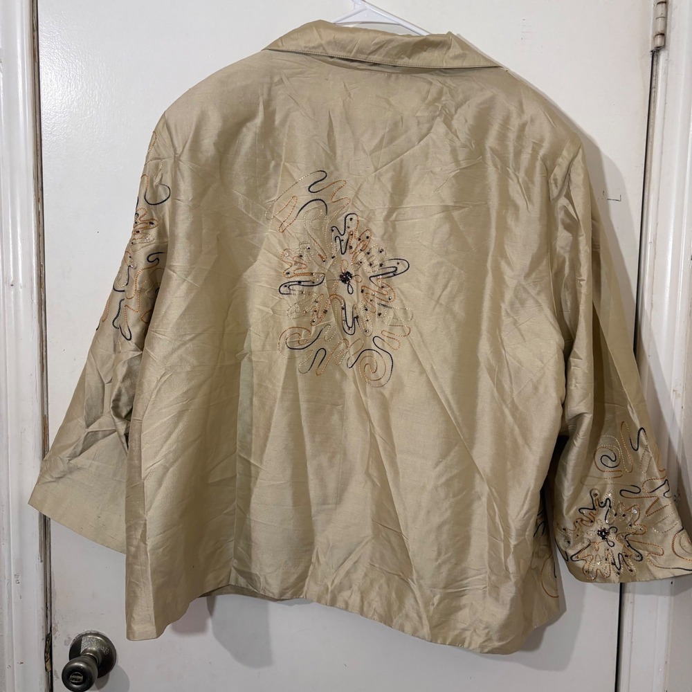 Abstract Embroidered Artsy Silk Retro Jacket Cream Gold Metallic Funky Unique 3X - Picture 3 of 5
